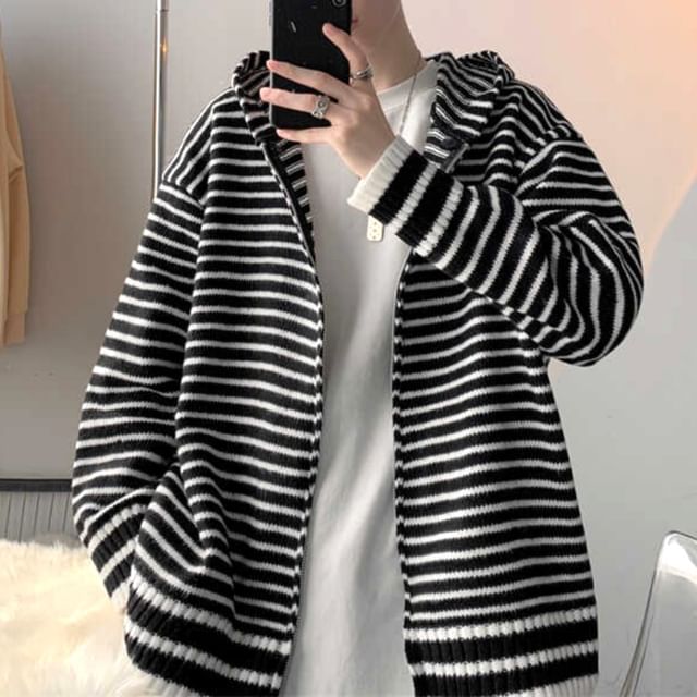 Naideth-Hooded Striped Zip-Up Cardigan