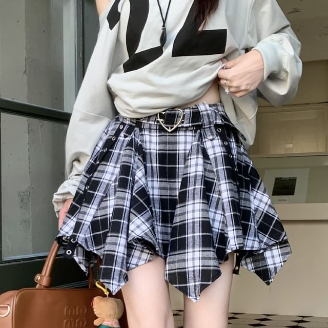 Trendycas - Mid Waist Plaid Asymmetrical Mini A-Line Skirt | YesStyle
