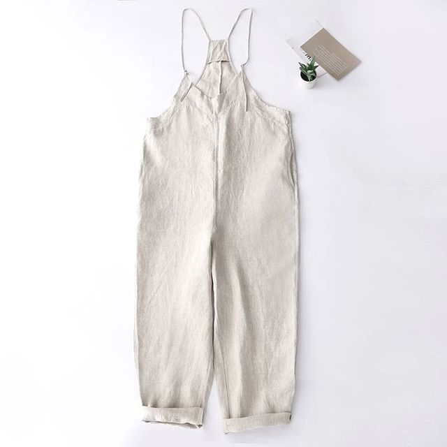 Lewwe-Spaghetti Strap Linen Wide Leg Overalls