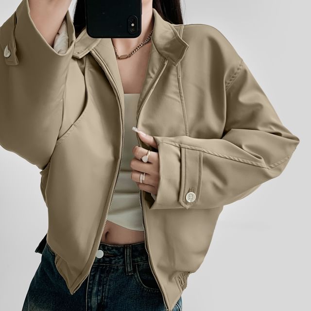 LIVIE-Stand Collar Plain Zip Bomber Jacket
