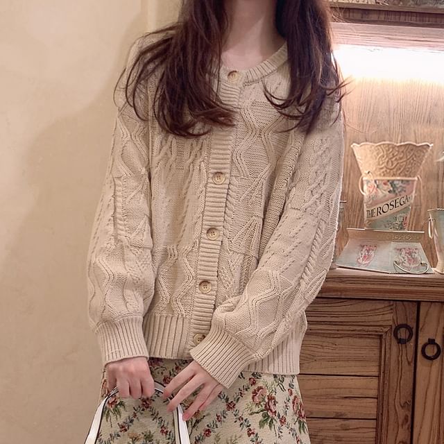 Glotto-Long Sleeve Crew Neck Cable Knitted Cardigan