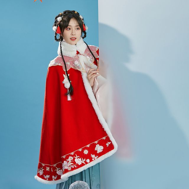 RIMIA - Floral Embroidered Fluffy Trim Cape | YesStyle