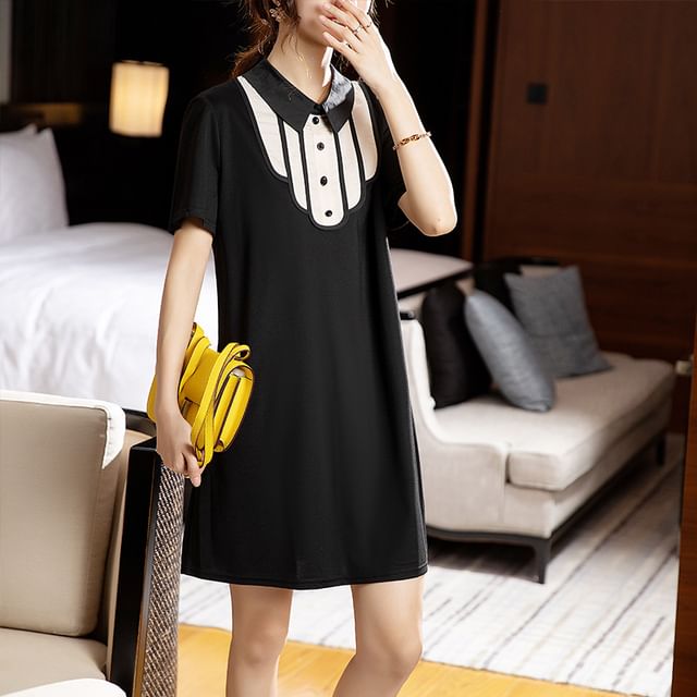 Lewwe-Short-Sleeve Collared Two Tone Button Accent Cutout Back Mini Shift Dress