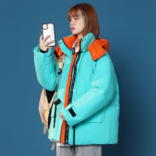 Sienne-Hooded Two-Tone Zip Padded Jacket