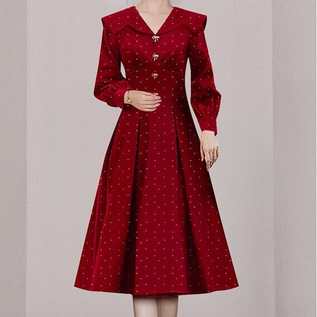 Yilda - Puff-Sleeve Collared Dotted Bow Midi A-Line Velvet Dress | YesStyle Yilda - Puff-Sleeve Collared Dotted Bow Midi A-Line Velvet Dress | YesStyle