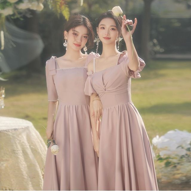 AIPIOA - Plain Lace-Up Back Midi A-Line Bridesmaid Dress | YesStyle