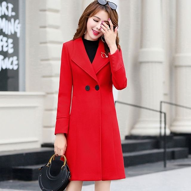 INEN-Collared Plain Double Breasted Coat