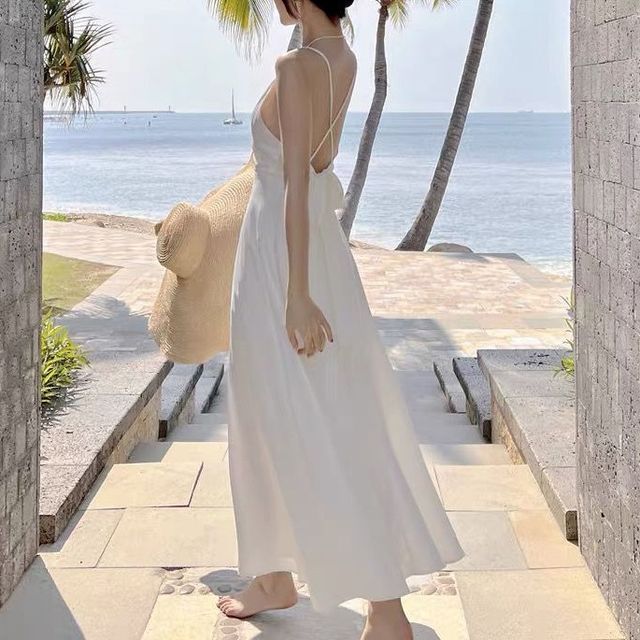 Horrysonie - Spaghetti Strap V-Neck Plain Maxi A-Line Dress | YesStyle
