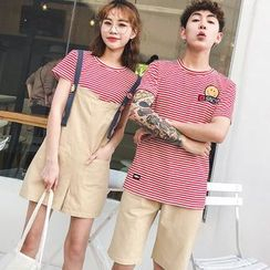 Azure - Couple Matching Striped Short-Sleeve T-Shirt / Pocket Detail Jumper Shorts / Shorts