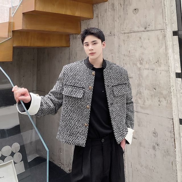 ジャケット・アウター HERRINGBONE TWEED STAND COLLAR COAT Freehop - Stand Collar Tweed Single-Breasted Jacket | YesStyle