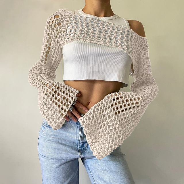 Bell Sleeve Plain Crochet Knit Crop Top
