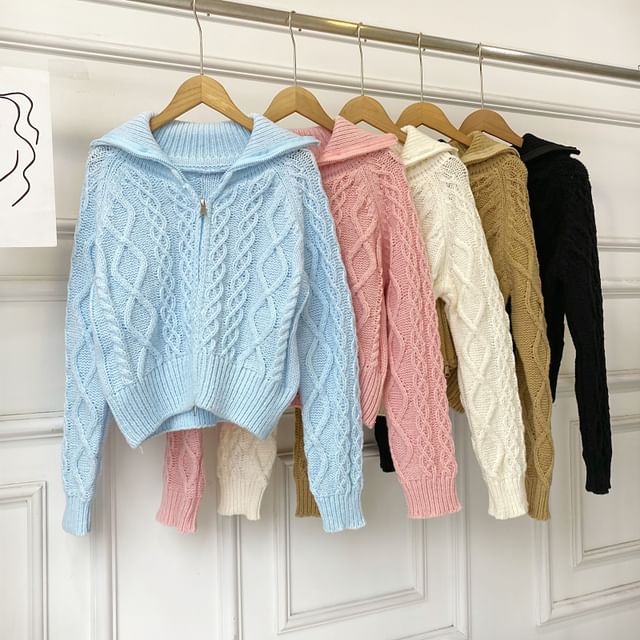 Iasia-Plain Collared Zip Cable Knit Cardigan
