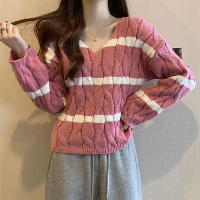 Sisyphi-Striped V-Neck Cable Knit Sweater