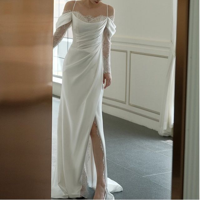DreesHouse - Long-Sleeve Off-Shoulder Plain Lace Panel Slit Wedding Gown |  YesStyle
