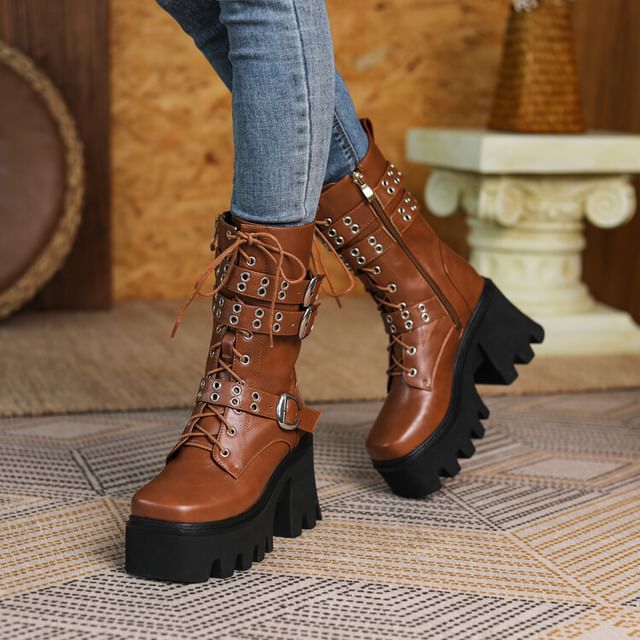 Megan-Platform Block Heel Lace-Up Mid Calf Boots