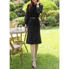 Styleonme - Belted Pleated-Hem Midi Skirt Styleonme - Belted Pleated-Hem Midi Skirt
