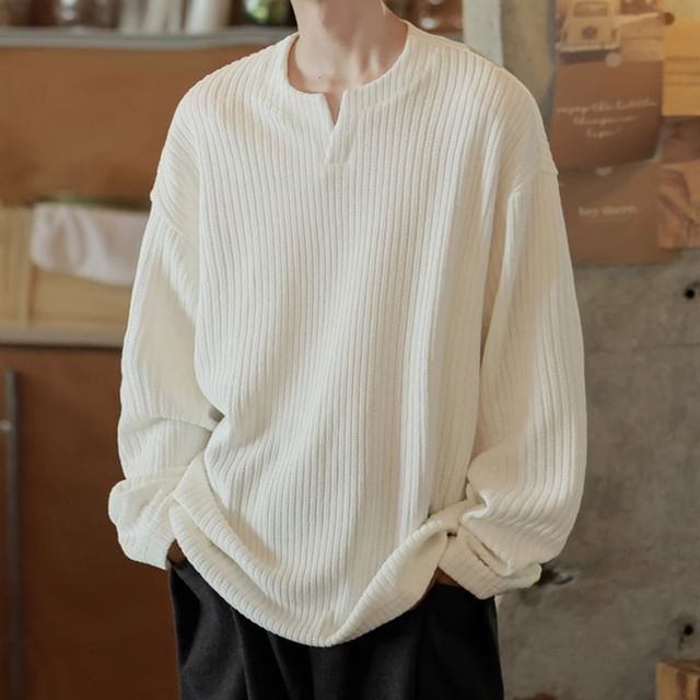 Savenne-Long-Sleeve Notch Neck Plain T-Shirt