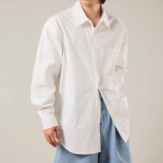 Adothuiastic-Long-Sleeve Plain Pocket Detail Shirt