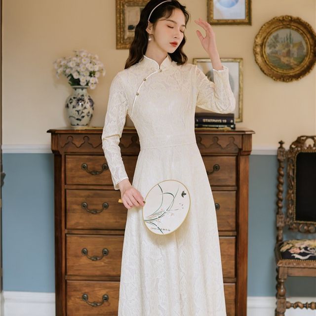 Cedar Smile - Long-Sleeve Mandarin Collar Midi A-Line Dress | YesStyle
