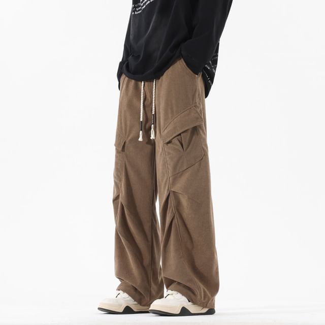 Bay Go Mall-Drawstring Waist Plain Wide Leg Cargo Pants