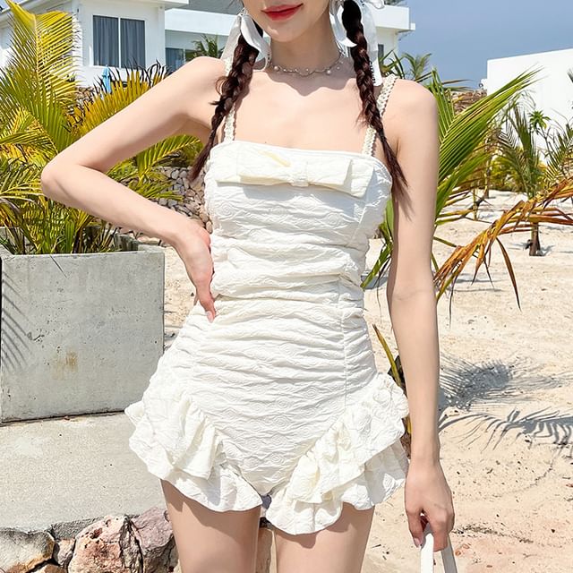 CUCURBIT-Sleeveless Frill Trim Plain Swimsuit