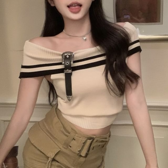 Allinya-Off-Shoulder Striped Knit Top