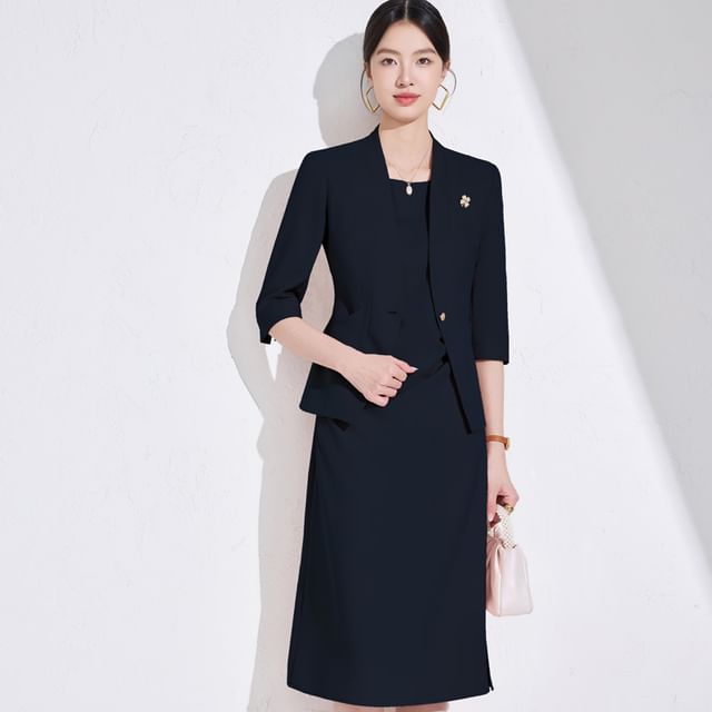 Princess Min-Elbow-Sleeve V-Neck Plain Single-Button Blazer Sleeveless Crew Neck Sheath Dress Suit Pants Set