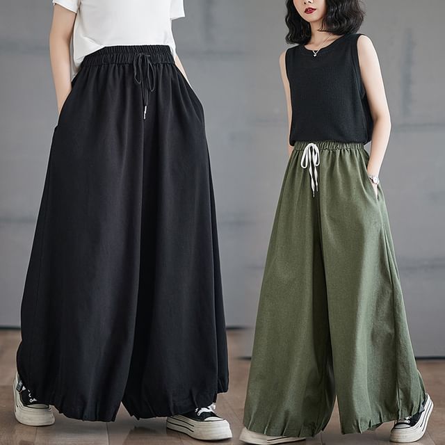 Lewwe-Drawstring Waist Plain Wide Leg Pants