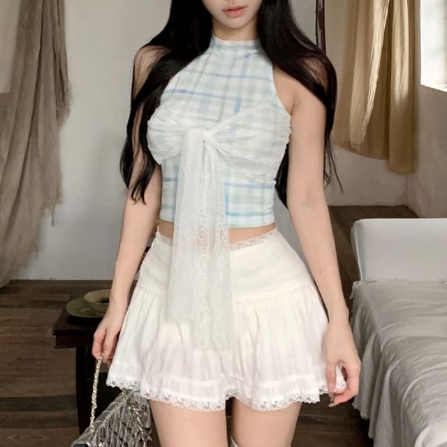 Trendycas-Halter Neck Gingham Crop Top Mid Waist Plain Mini A-Line Skirt