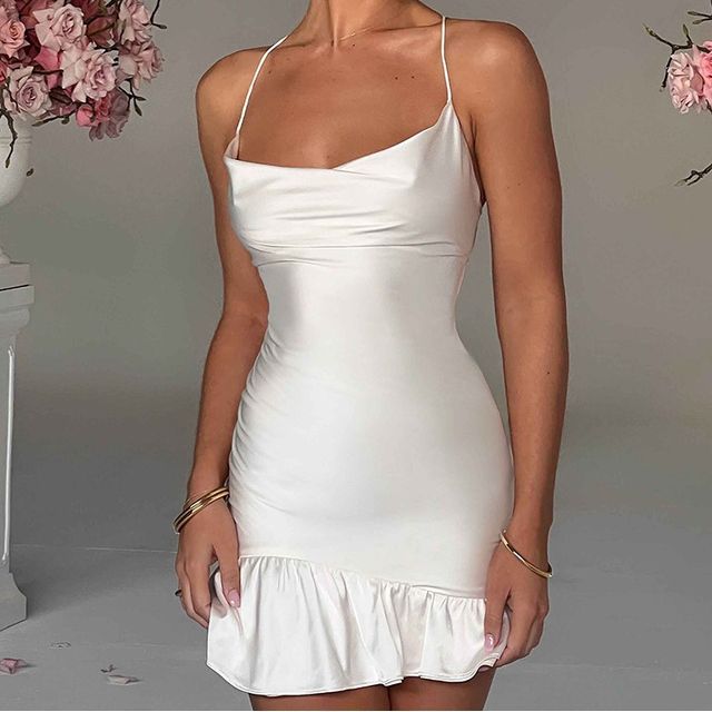 Puffields Spaghetti Strap Cowl Neck Plain Ruffle Hem Open Back