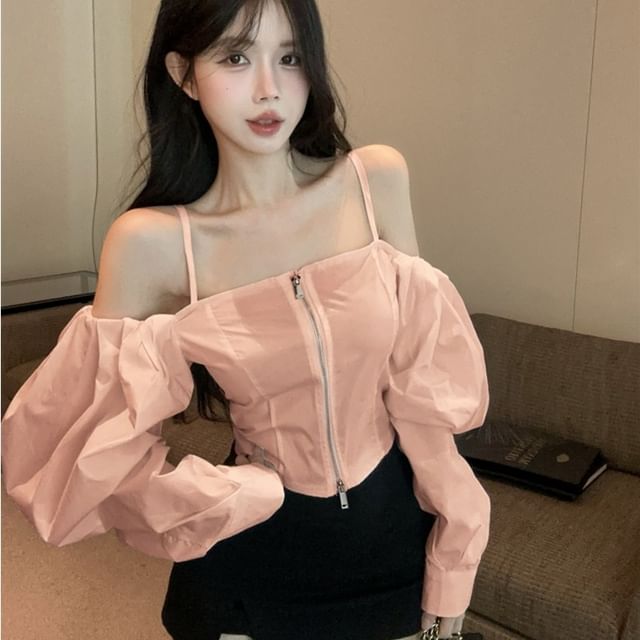 Whoosh-Long-Sleeve Cold-Shoulder Plain Crop Zip Blouse