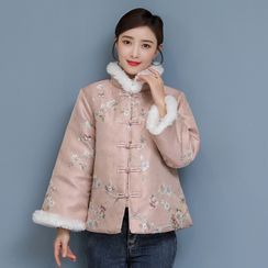 RIMIA - Embroidered Fluffy Trim Frog-Buttoned Jacket
