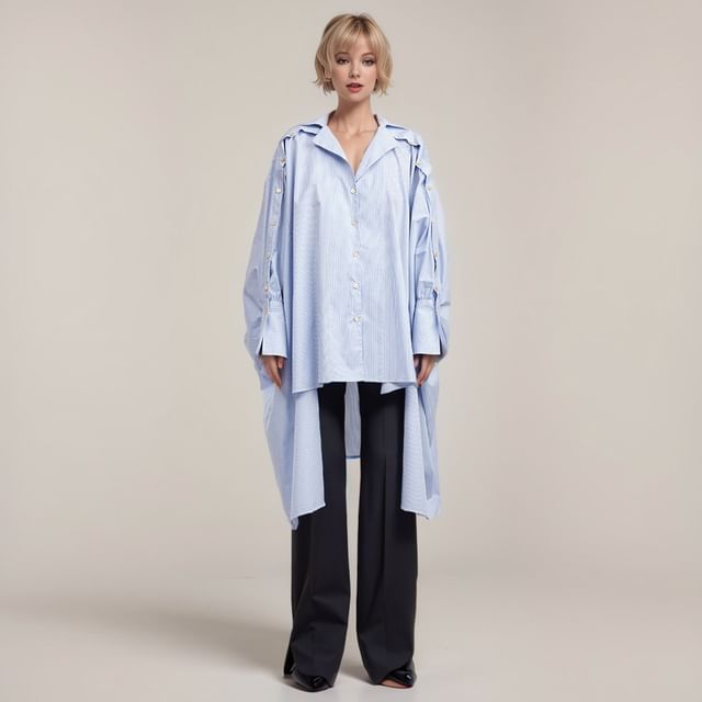 JVL-M - Plain High Low Button-Up Shirt