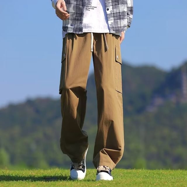 Blueforce-High Waist Plain Straight Leg Cargo Pants