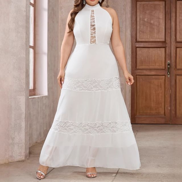 Grizelda - Plus Size Halter Plain Lace Trim Maxi A-Line Dress