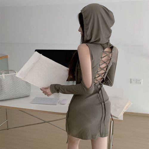 Long Sleeve Plain Cutout Lace Up Back Hooded Mini Sheath Dress