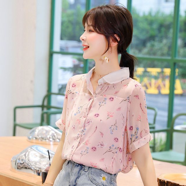 Daybreak - Printed Short-Sleeve Chiffon Blouse