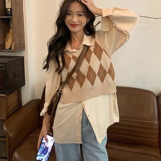 Ukiyo V-Neck Argyle Crop Sweater Vest / Long-Sleeve Plain Loose-Fit Shirt Sale
