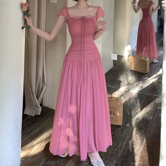 red empire line dress Elegant A-Line Empire Waist Midi Length Chiffon Sequin Dresses Sleevel