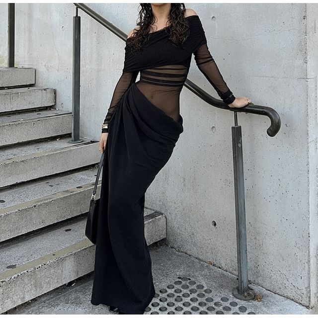knee length dresses for ladies Off Shoulder Mesh Panel Hem Maxi Dress main image 0