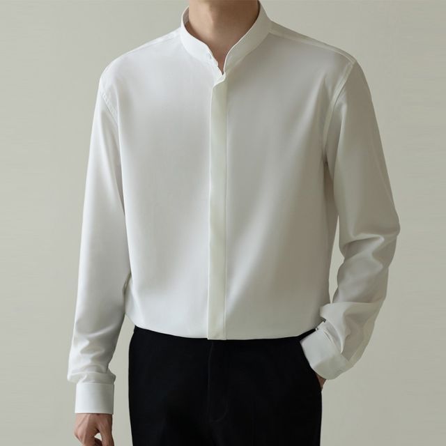 GRAYCIOUS-Long-Sleeve Band Collar Plain Shirt