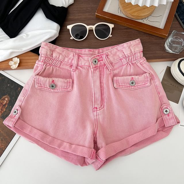 Babique - High Waist Roll Up Hem Washed Denim Shorts