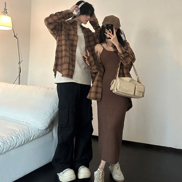 Azure-Couple Matching Spaghetti Strap Scoop Neck Plain Midi Sheath Dress Long-Sleeve Plaid Button-Up Shirt
