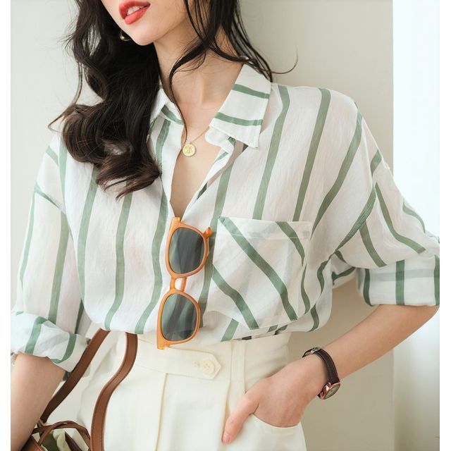 Inchioh-Long-Sleeve Striped Button-Up Shirt