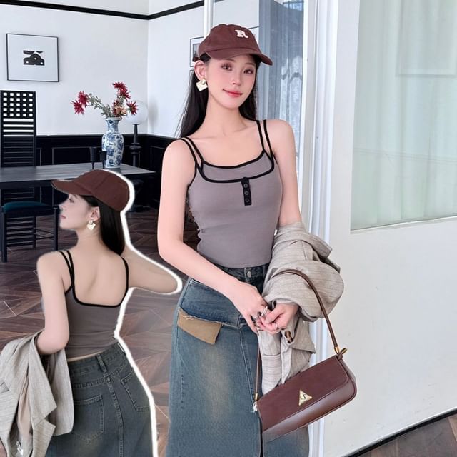 Wildery-Plain Mock Two-Piece Cami Top