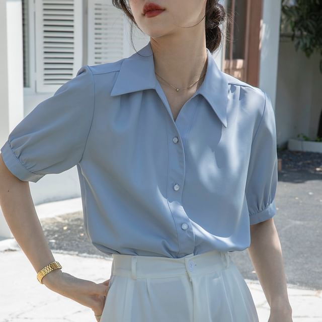 Dragan Pulse-Elbow-Sleeve Collared Button-Up Plain Blouse