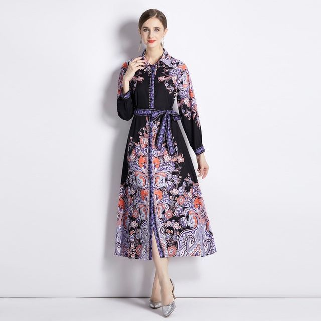knee length dresses for ladies Long Sleeve Paisley Stripe Short Dress In Blue Multi main image 1
