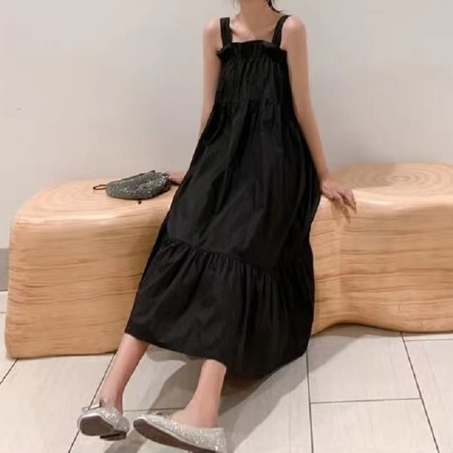 Cloud Nine-Sleeveless Plain Ruffle Panel Midi A-Line Dress