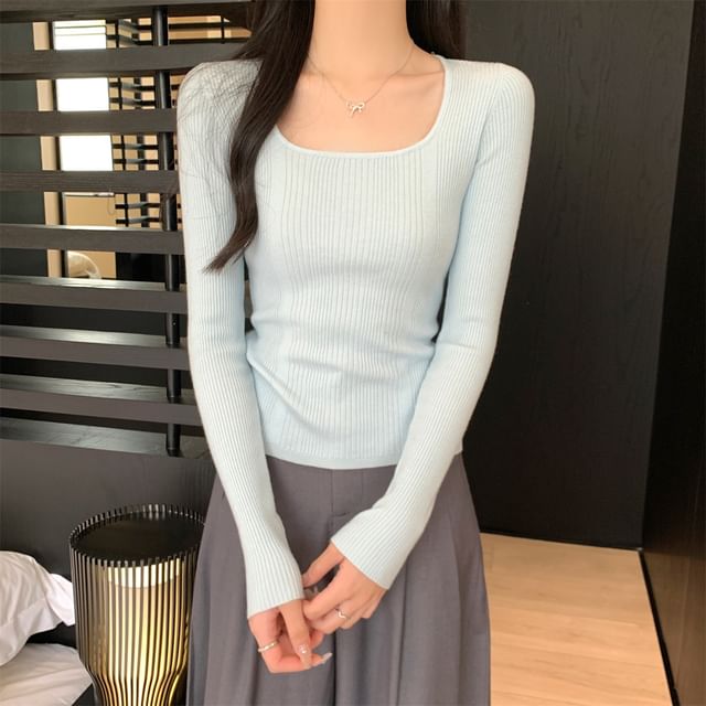 Magimomo-Long-Sleeve Square Neck Ribbed Knit Top