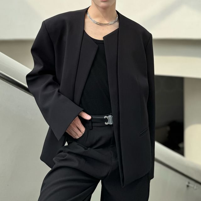 Omozando-Collarless Open Front Mock Two Piece Blazer